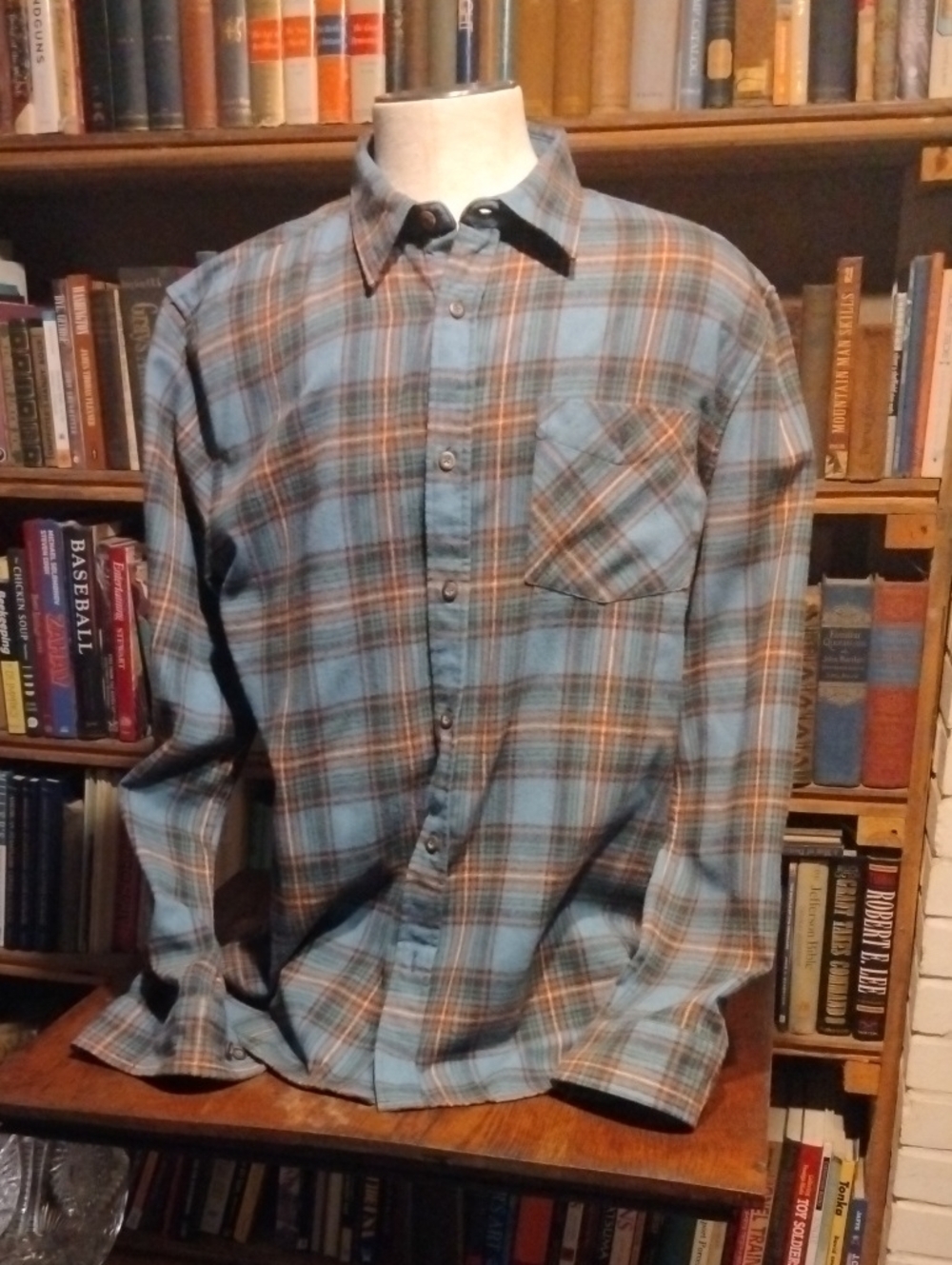 Casual Men's Light Blue & Orange Plaid Button-Down Shirt
